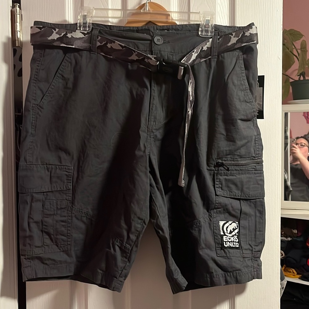 Ecko Unlimited Size 38 slate grey colored shorts with matching grey camo belt